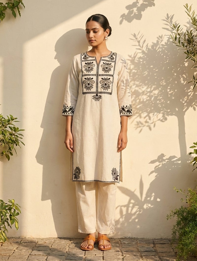 trueBrowns Off-White Black Embroidered Kurta Co-Ord Pant Set - Image 1
